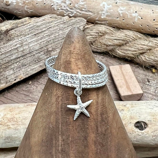 Bague femme SIREN’S SECRET – multi - anneaux facettés scintillants, pendentif étoile de mer et argent 925 – bijoux fait main en argent 925 | Pitch & Néo