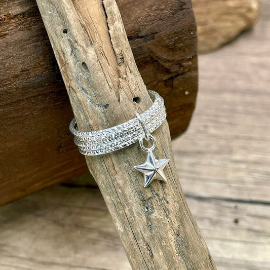 Bague femme STARZ ONLY – argent 925, 5 anneaux facettés et pendentif étoile – bijoux fait main en argent 925 | Pitch & Néo