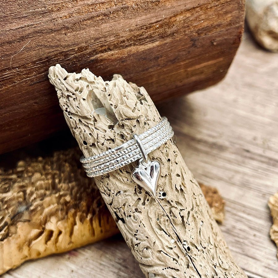 Bague femme TAG MY HEART, BOYS! – bague multi - anneaux en argent 925, pendentif cœur allongé – bijoux fait main en argent 925 | Pitch & Néo