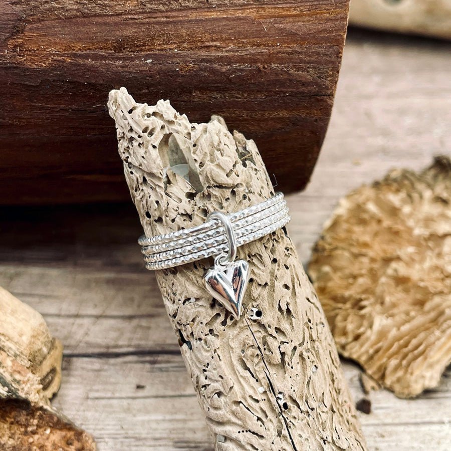 Bague femme TAG MY HEART, BOYS! – bague multi - anneaux en argent 925, pendentif cœur allongé – bijoux fait main en argent 925 | Pitch & Néo