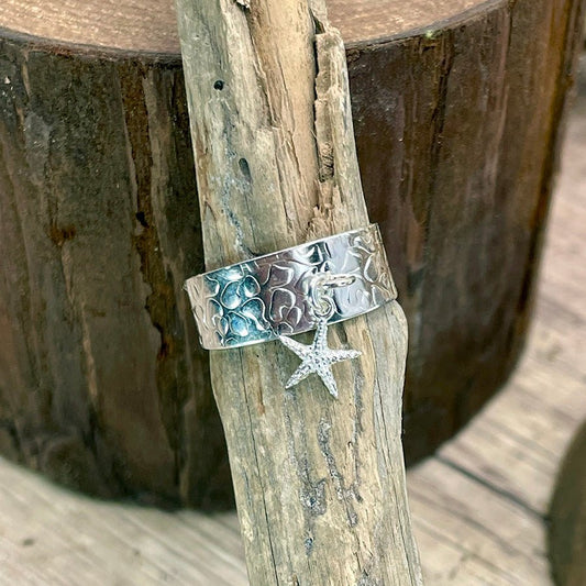 Bague femme TASTE MY STARFISH – argent 925, anneau large réglable et pendentif étoile de mer texturée – bijoux fait main en argent 925 | Pitch & Néo