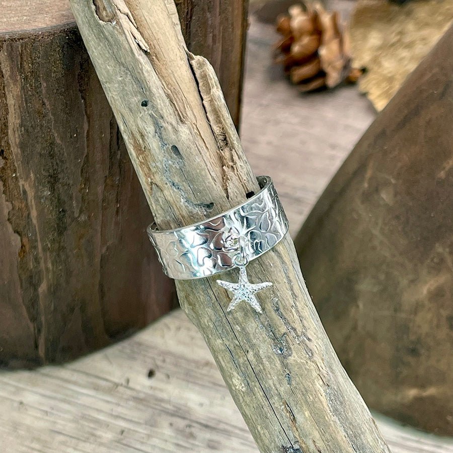 Bague femme TASTE MY STARFISH – argent 925, anneau large réglable et pendentif étoile de mer texturée – bijoux fait main en argent 925 | Pitch & Néo