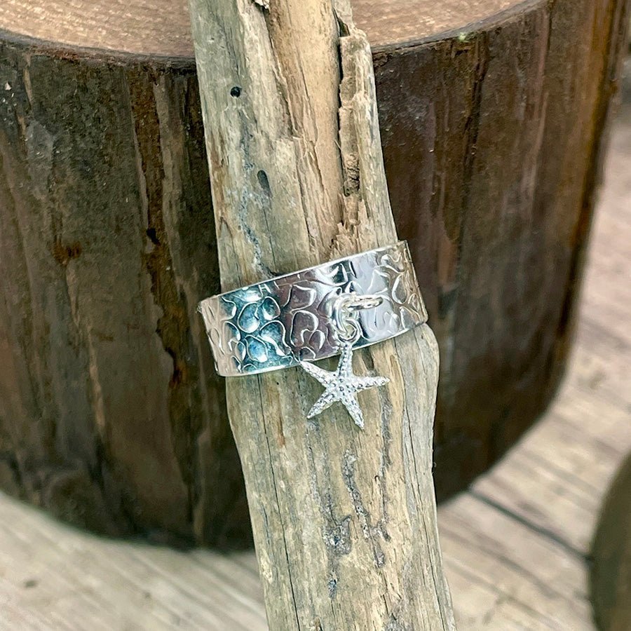 Bague large réglable martelée pendentif étoile de mer femme argent 925 TASTE MY STARFISH – bijoux fait main en argent 925 | Pitch & Néo