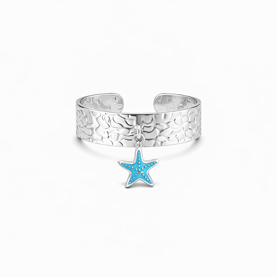 Bague manchette réglable femme argent 925 F*CK MY LAGOON – large martelée & pendentif étoile de mer émail turquoise – bijoux fait main en argent 925 | Pitch & Néo