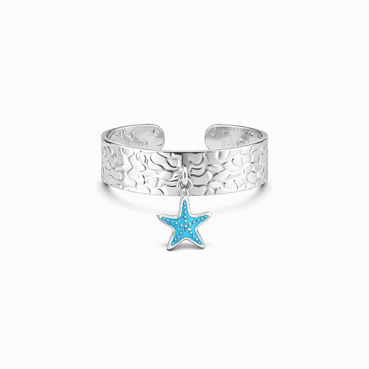 Bague manchette réglable femme argent 925 F*CK MY LAGOON – large martelée & pendentif étoile de mer émail turquoise – bijoux fait main en argent 925 | Pitch & Néo