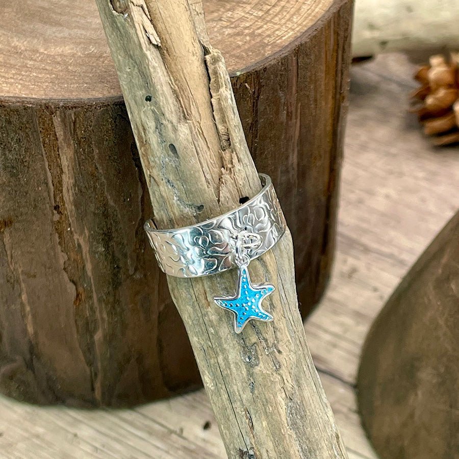 Bague manchette réglable femme argent 925 F*CK MY LAGOON – large martelée & pendentif étoile de mer émail turquoise – bijoux fait main en argent 925 | Pitch & Néo