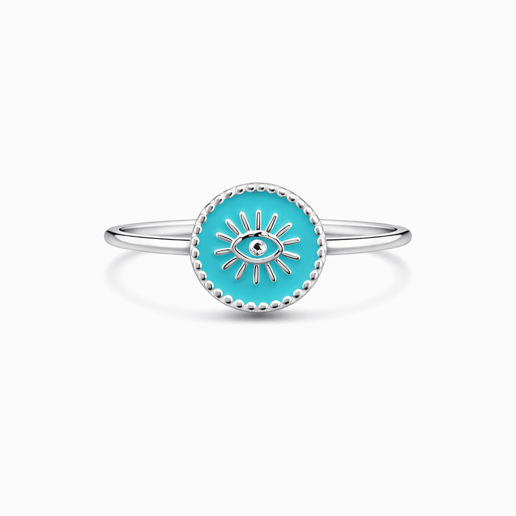 Bague médaille œil femme argent 925 EYE DON’T PLAY – émail turquoise & contour perlé – bijoux fait main en argent 925 | Pitch & Néo