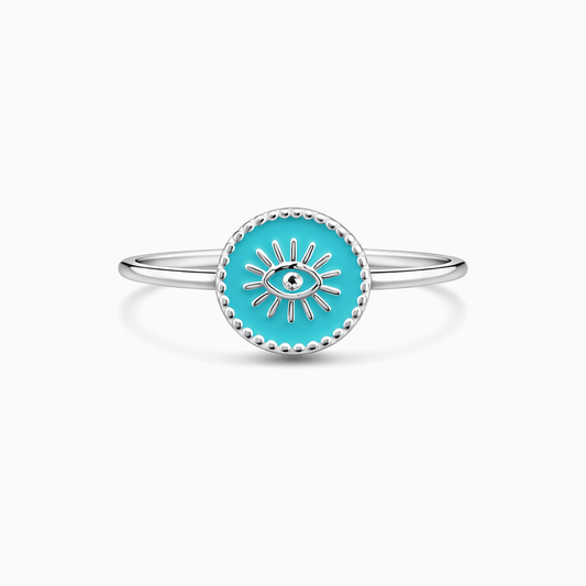 Bague médaille œil femme argent 925 EYE DON’T PLAY – émail turquoise & contour perlé – bijoux fait main en argent 925 | Pitch & Néo