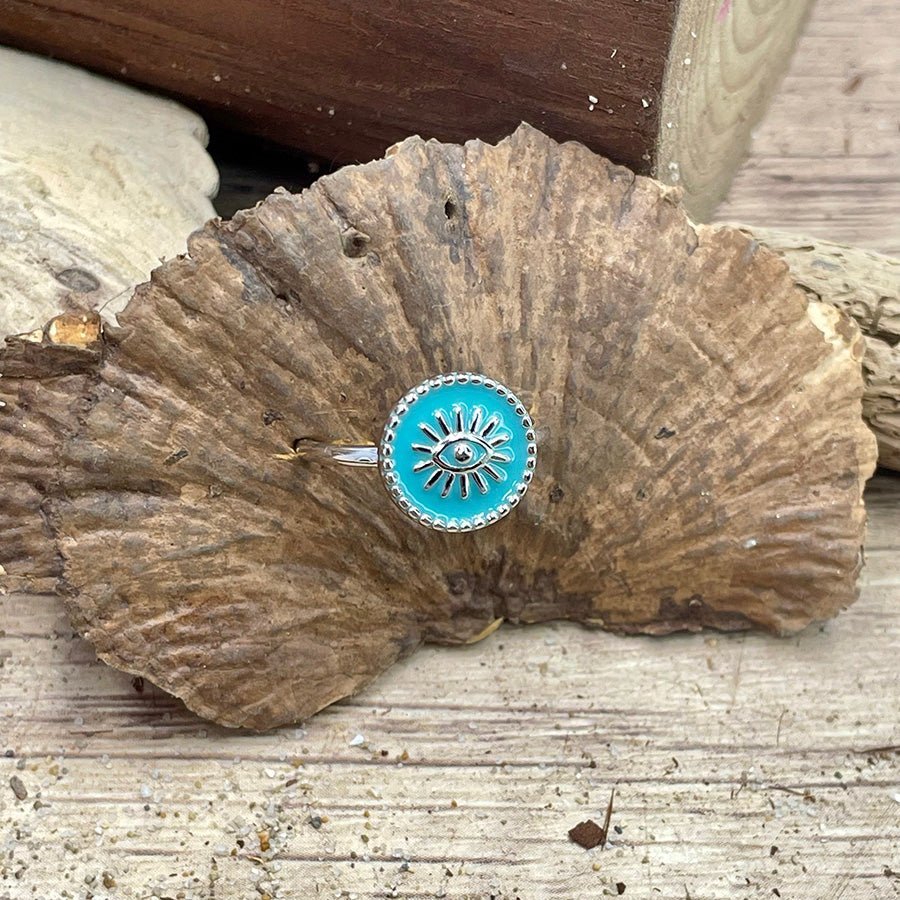 Bague médaille œil femme argent 925 EYE DON’T PLAY – émail turquoise & contour perlé – bijoux fait main en argent 925 | Pitch & Néo