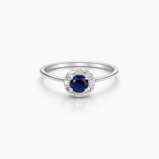 Bague solitaire halo zircon bleu rond femme argent 925 MIDNIGHT IS MINE – bijoux fait main en argent 925 | Pitch & Néo