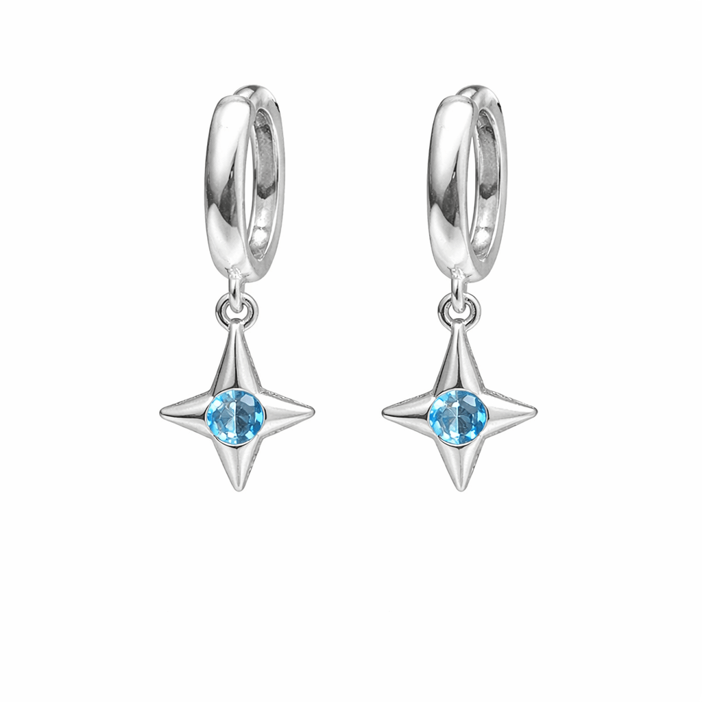 Boucles d’oreilles créoles femme argent 925 BLUE EYES, NO LIES – créoles pendantes, pendentif étoile zircon bleu – bijoux fait main en argent 925 | Pitch & Néo