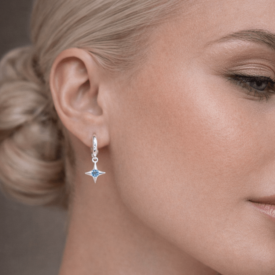 Boucles d’oreilles créoles femme argent 925 BLUE EYES, NO LIES – créoles pendantes, pendentif étoile zircon bleu – bijoux fait main en argent 925 | Pitch & Néo
