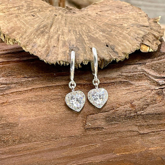Boucles d’oreilles femme créoles HEART ATTACK BABY – pendentifs cœur zircon taille cœur, halo zircons et argent 925 – bijoux fait main en argent 925 | Pitch & Néo