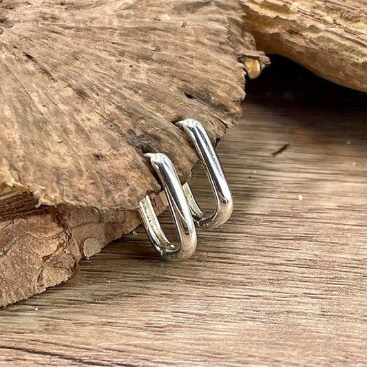 Boucles d’oreilles femme STEEL KISS – créoles rectangulaires épaisses 15 mm en argent 925 – bijoux fait main en argent 925 | Pitch & Néo