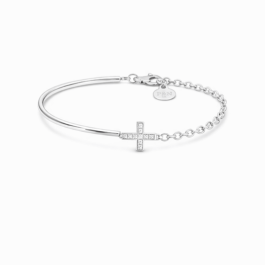 Bracelet demi - jonc femme BAD GIRL PRAY HARD – demi - jonc argent 925, croix pavée et chaîne jaseron, argent 925 – bijoux fait main en argent 925 | Pitch & Néo