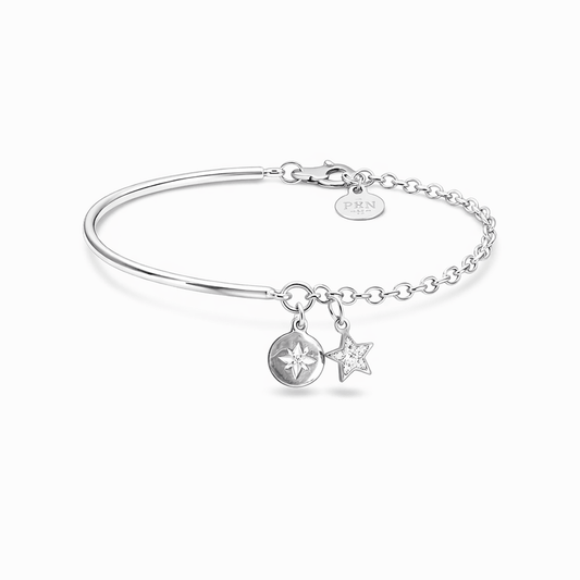 Bracelet demi - jonc femme PLAY WITH MY STAR – demi - jonc argent 925, chaîne jaseron, médaille ronde miroir rose des vents et étoile pavée de zircons, argent 925 – bijoux fait main en argent 925 | Pitch & Néo