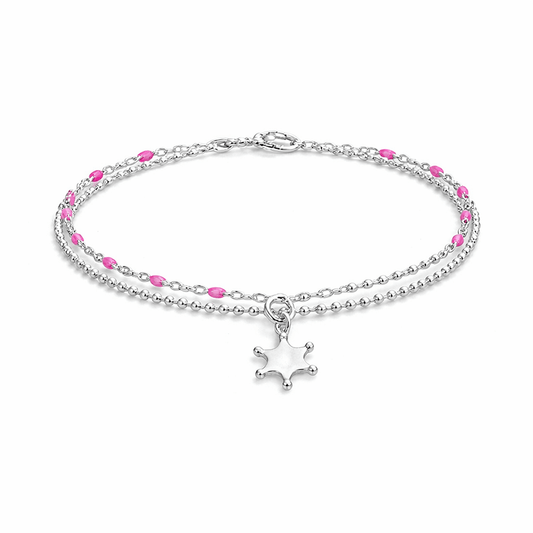 Bracelet double - rang femme argent 925 PINK WANTED, BABY GIRL – chaîne perles émaillées rose fluo & pendentif étoile shérif – bijoux fait main en argent 925 | Pitch & Néo