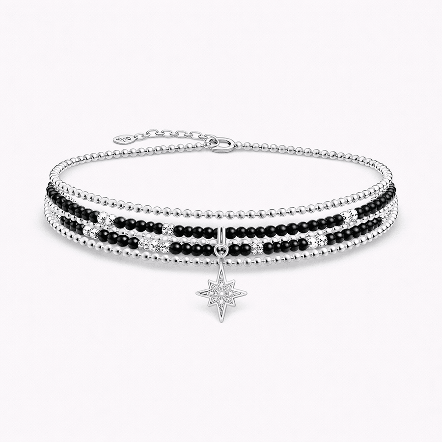 Bracelet femme BURN MY NIGHT, LOVER – multi - rangs en perles de tourmaline noire, argent 925 et pendentif étoile du Nord – bijoux fait main en argent 925 | Pitch & Néo