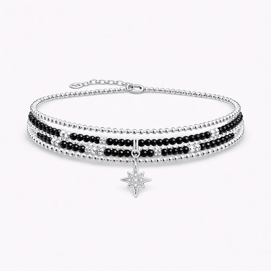 Bracelet femme BURN MY NIGHT, LOVER – multi - rangs en perles de tourmaline noire, argent 925 et pendentif étoile du Nord – bijoux fait main en argent 925 | Pitch & Néo