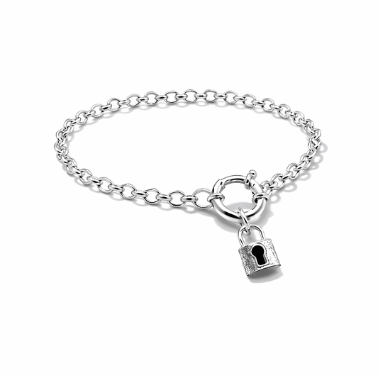 Bracelet femme CLOSED FOR DRAMA – maille jaseron épaisse & maxi fermoir bouée ornemental et pendentif cadenas rectangulaire et argent 925 – bijoux fait main en argent 925 | Pitch & Néo