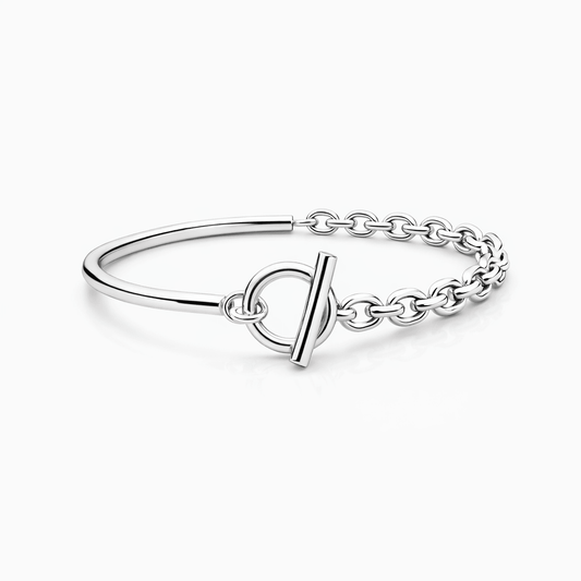 Bracelet femme demi - jonc en argent 925 – DON’T PLAY SOFT, demi - jonc, maille forçat ronde épaisse et fermoir toggle oversize – bijoux fait main en argent 925 | Pitch & Néo