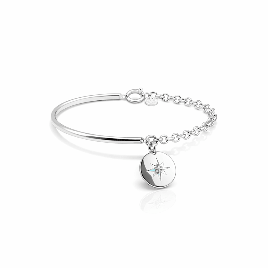 Bracelet femme demi - jonc en argent 925 – I’M NOT LOST, demi - jonc épais, chaîne jaseron et médaille étoile du Nord sertie d’un zircon – bijoux fait main en argent 925 | Pitch & Néo