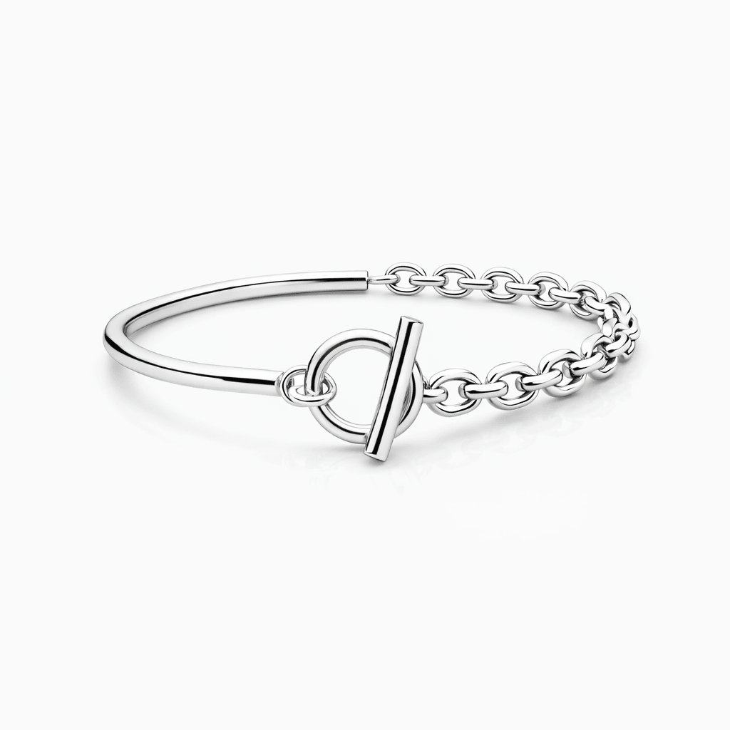 Bracelet femme demi - jonc en argent 925 – LOCK ME LOUD, SUGAR, demi - jonc t, maille jaseron ou gourmette et fermoir toggle XL – bijoux fait main en argent 925 | Pitch & Néo