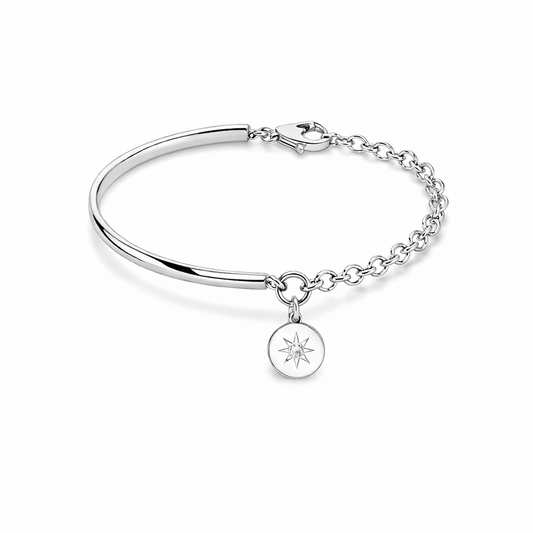 Bracelet femme demi - jonc en argent 925 – STEAL MY WAY, médaille rose des vents & chaîne jaseron – bijoux fait main en argent 925 | Pitch & Néo
