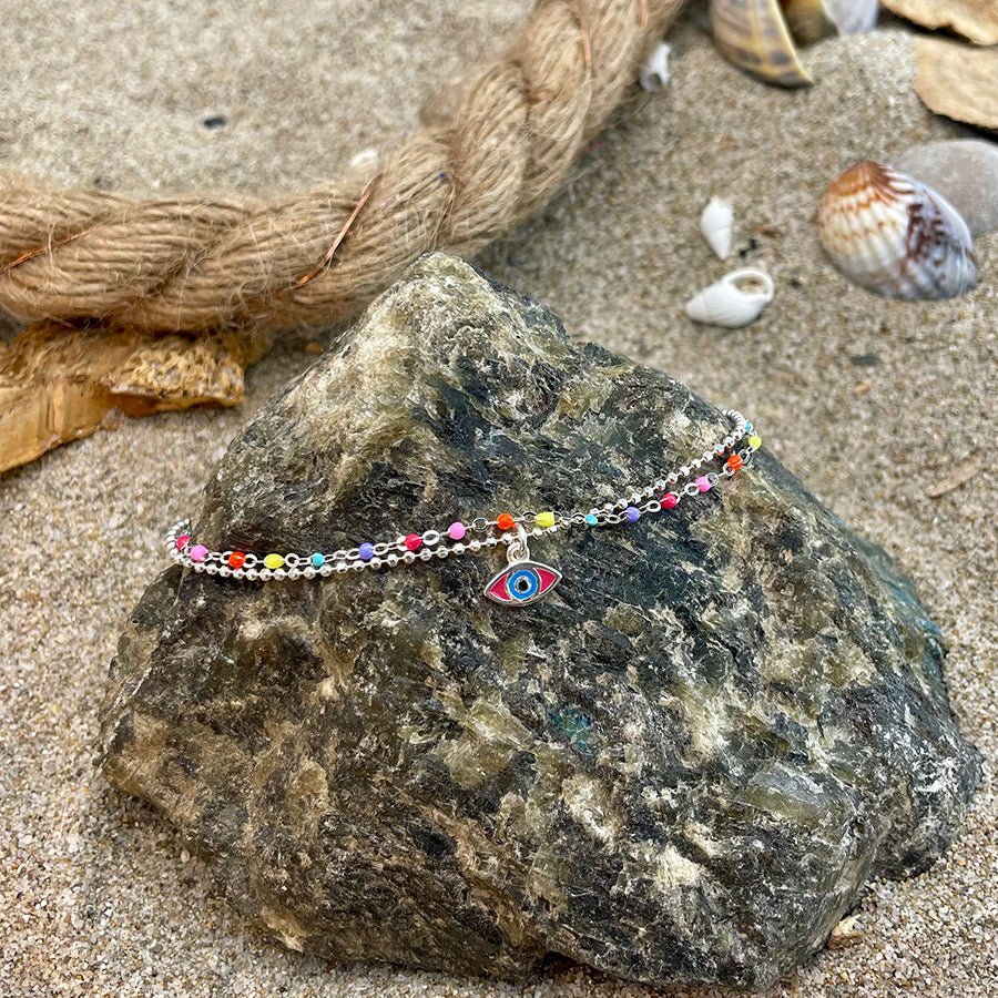 Bracelet femme double - rang POP MY WRIST, BABY – chaîne perles émaillées fluo, pendentif œil et argent 925 – bijoux fait main en argent 925 | Pitch & Néo