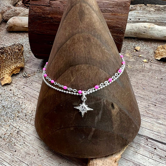 Bracelet femme double - rang STAY HIGH & SHINE – chaîne perles émaillées rose fluo, chaîne boules facettées scintillantes et pendentif étoile du Nord argent 925 pavée de zircon – bijoux fait main en argent 925 | Pitch & Néo