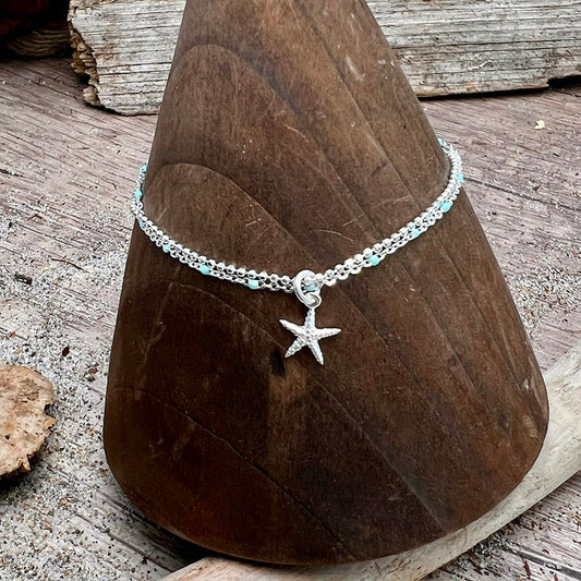 Bracelet femme double - rang TURQUOISE, TAN & STARFISH BIS – chaîne perles émaillées turquoise, chaîne boules facettées scintillantes et pendentif étoile de mer argent 925 – bijoux fait main en argent 925 | Pitch & Néo
