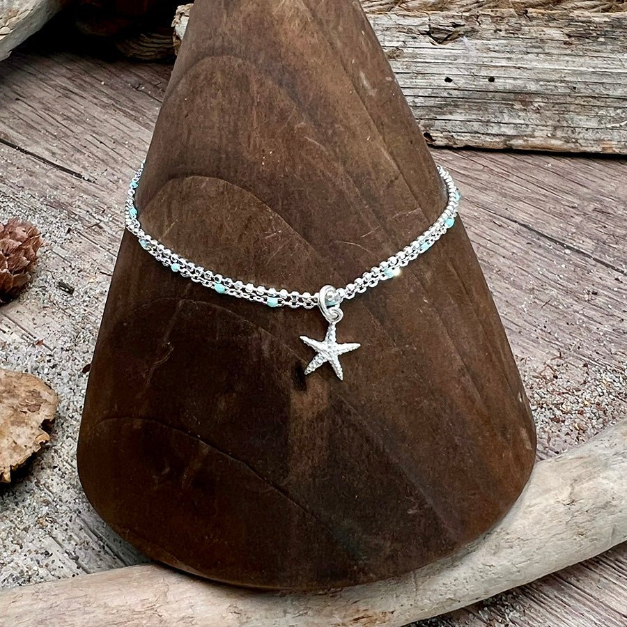 Bracelet femme double - rang TURQUOISE, TAN & STARFISH BIS – chaîne perles émaillées turquoise, chaîne boules facettées scintillantes et pendentif étoile de mer argent 925 – bijoux fait main en argent 925 | Pitch & Néo