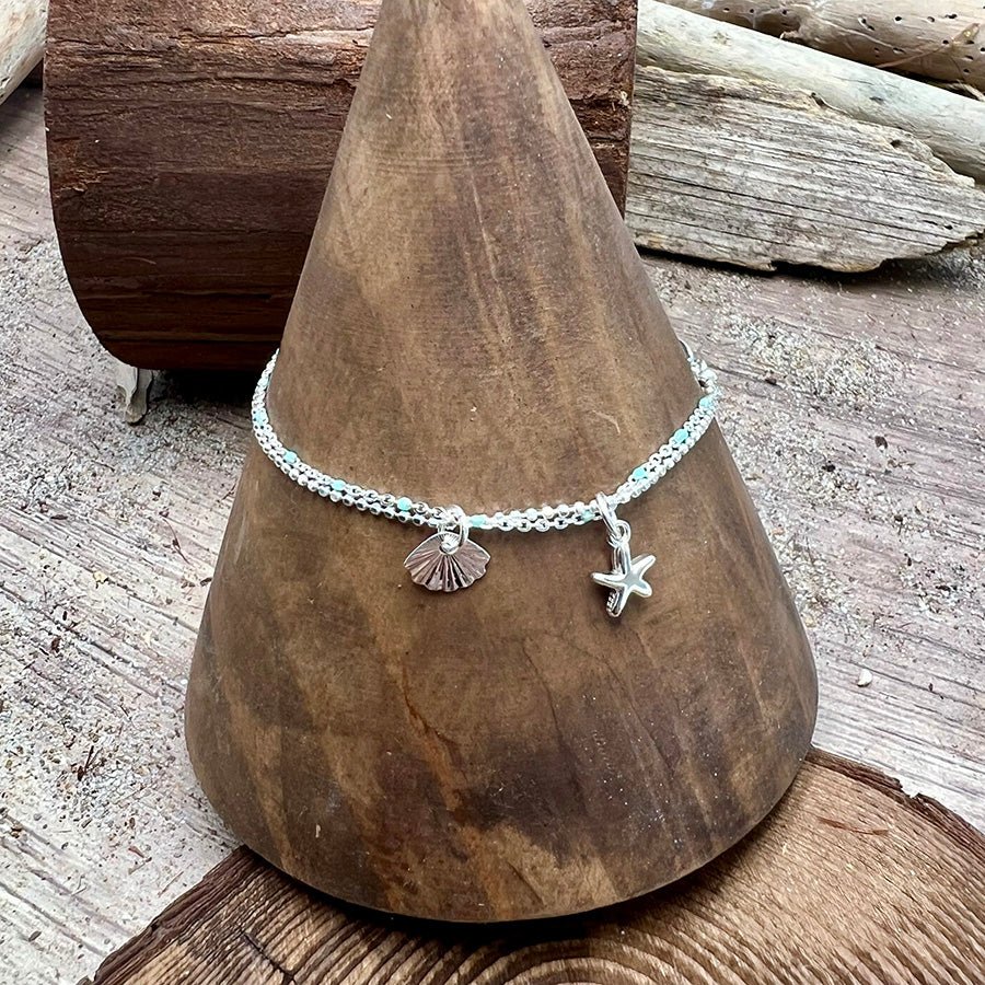 Bracelet femme double - rang TURQUOISE, TAN & STARFISH – chaîne perles émaillées turquoise, chaîne boules facettées scintillantes et pendentif étoile de mer argent 925 – bijoux fait main en argent 925 | Pitch & Néo