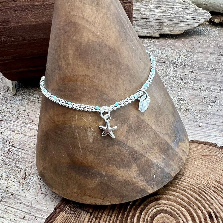 Bracelet femme double - rang TURQUOISE, TAN & STARFISH – chaîne perles émaillées turquoise, chaîne boules facettées scintillantes et pendentif étoile de mer argent 925 – bijoux fait main en argent 925 | Pitch & Néo