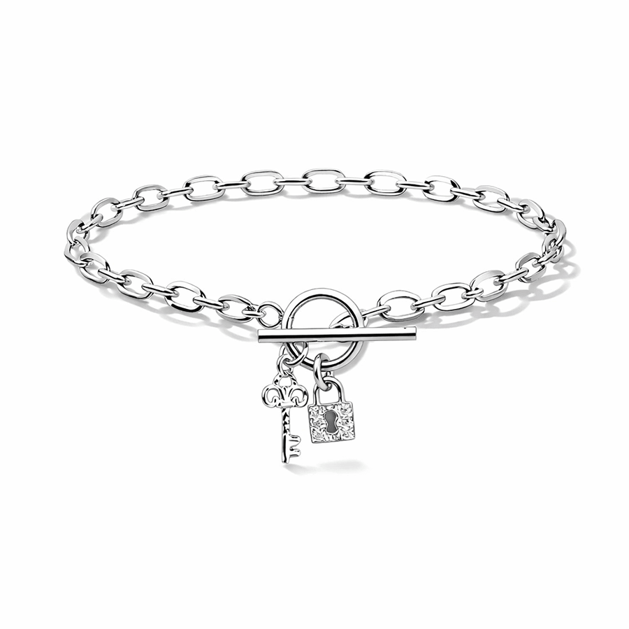 Bracelet femme HOLD - UP HONEY – maille ovale plate, fermoir toggle XL, pendentifs clé & cadenas pavé, argent 925 – bijoux fait main en argent 925 | Pitch & Néo