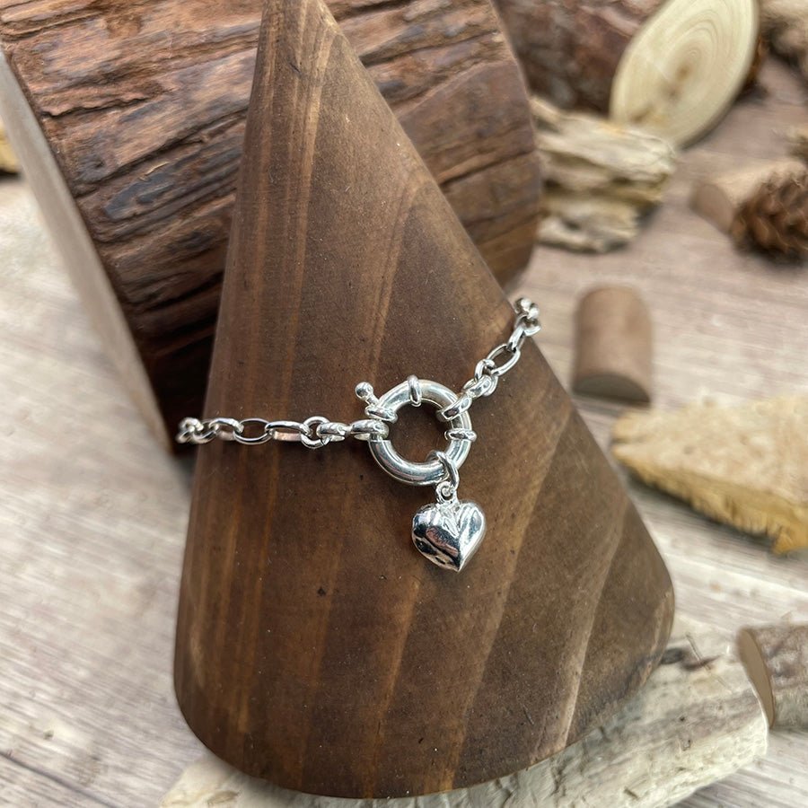Bracelet femme HOLD - UP SENTIMENTAL – maille ovale allongée massive & fermoir bouée et pendentif cœur bombé miroir en argent 925 – bijoux fait main en argent 925 | Pitch & Néo