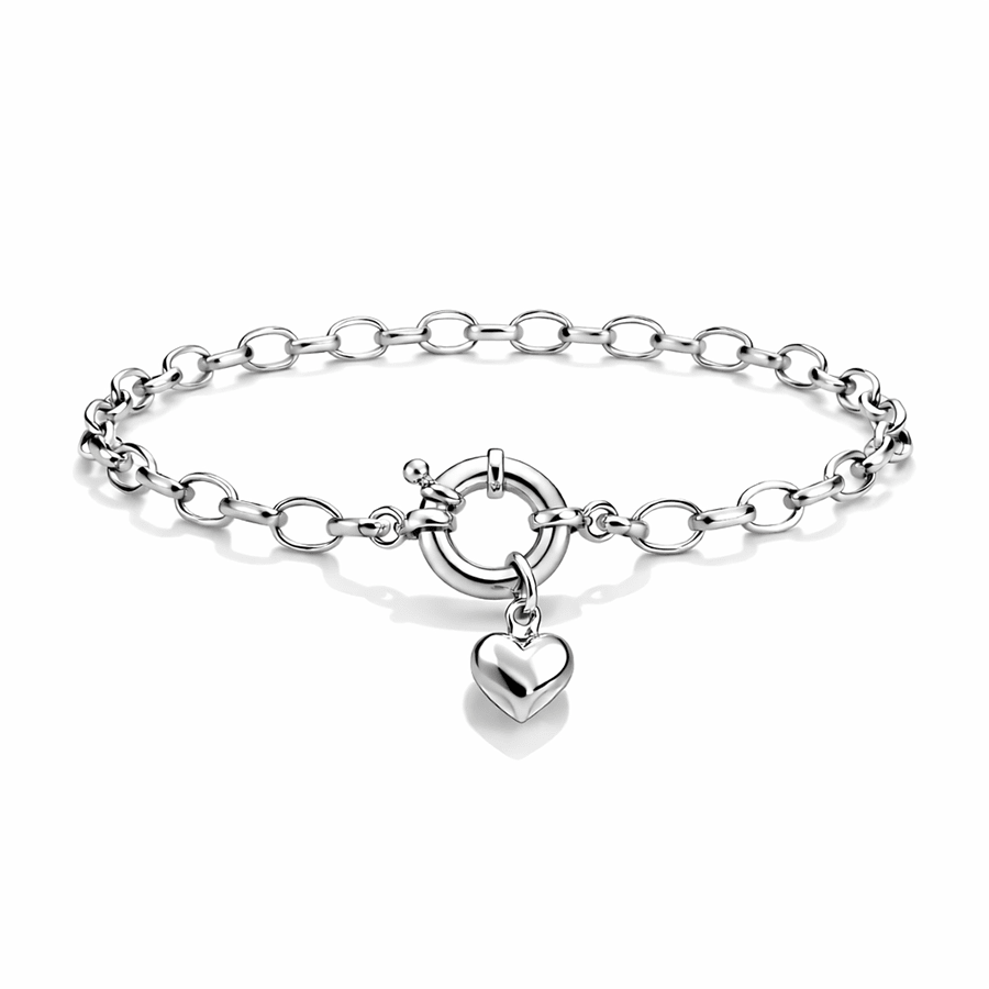 Bracelet femme HOLD - UP SENTIMENTAL – maille ovale allongée massive & fermoir bouée et pendentif cœur bombé miroir en argent 925 – bijoux fait main en argent 925 | Pitch & Néo