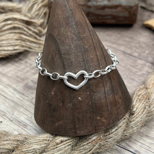 Bracelet femme IT’S LOVE O’CLOCK – chaîne jaseron ovale épaisse, cœur mousqueton, argent 925 – bijoux fait main en argent 925 | Pitch & Néo