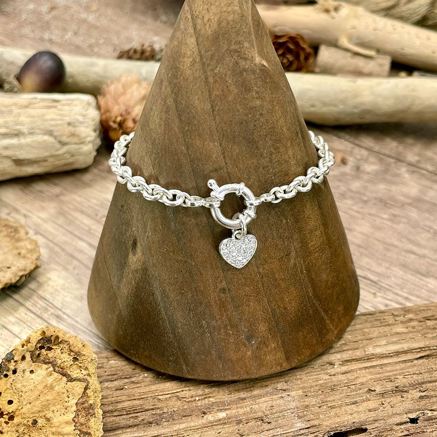 Bracelet femme LOVE IS A DRUG – chaîne forçat oversize & pendentif cœur zircons, fermoir bouée et argent 925 – bijoux fait main en argent 925 | Pitch & Néo