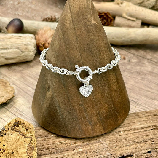 Bracelet femme LOVE IS A DRUG – chaîne forçat oversize & pendentif cœur zircons, fermoir bouée et argent 925 – bijoux fait main en argent 925 | Pitch & Néo