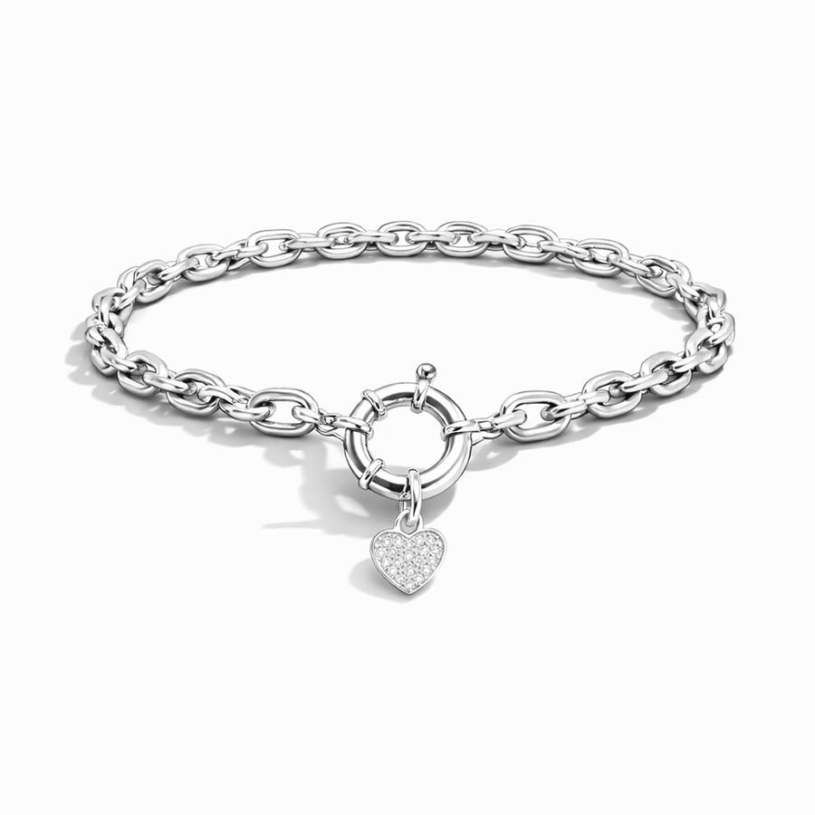 Bracelet femme LOVE IS A DRUG – maille forçat oversize & pendentif cœur zircons, fermoir bouée et argent 925 – bijoux fait main en argent 925 | Pitch & Néo