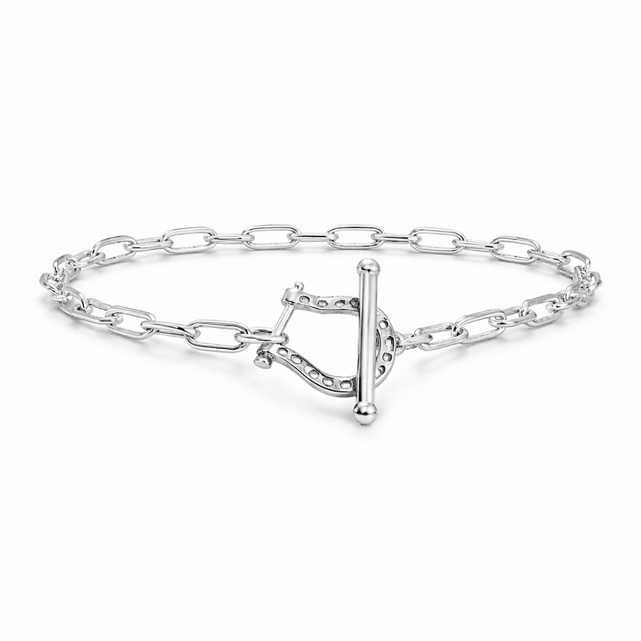 Bracelet femme LUCK OFF, BOYS! – maille rectangulaire & fermoir toggle fer à cheval gravé et argent 925 – bijoux fait main en argent 925 | Pitch & Néo