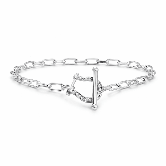 Bracelet femme LUCK OFF, BOYS! – maille rectangulaire & fermoir toggle fer à cheval gravé et argent 925 – bijoux fait main en argent 925 | Pitch & Néo