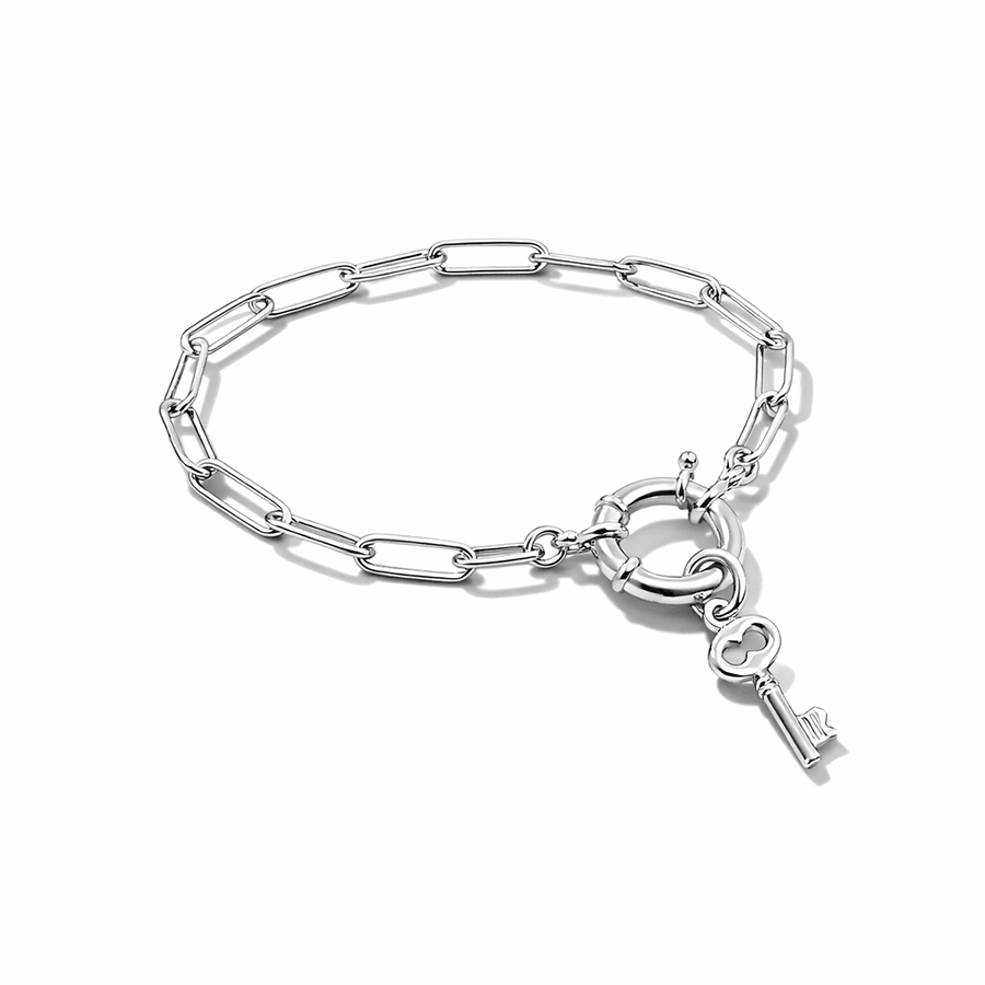 Bracelet femme MASTER KEY – maillons rectangulaires oversize, fermoir bouée & pendentif clé baroque et argent 925 – bijoux fait main en argent 925 | Pitch & Néo
