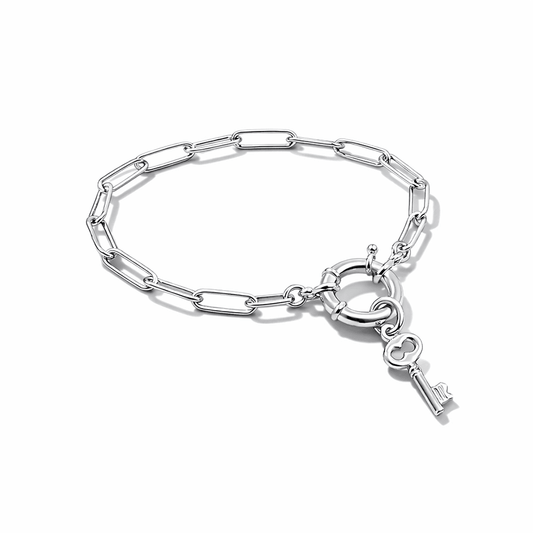 Bracelet femme MASTER KEY – maillons rectangulaires oversize, fermoir bouée & pendentif clé baroque et argent 925 – bijoux fait main en argent 925 | Pitch & Néo