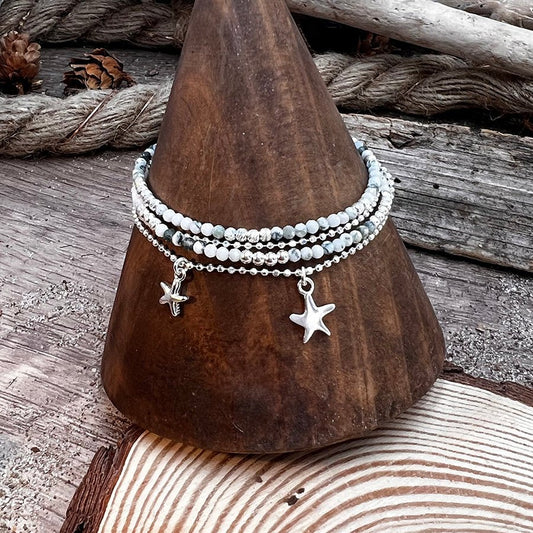 Bracelet femme multi - rang AGATE THE POWER – perles d’agate arbre, double pendentif étoile de mer et argent 925 – bijoux fait main en argent 925 | Pitch & Néo