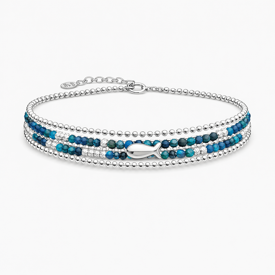 Bracelet femme multi - rang AZURITE ON THE BEACH – perles d’azurite facettée, chaîne boules facettées argent 925 et pendentif poisson miroir – bijoux fait main en argent 925 | Pitch & Néo