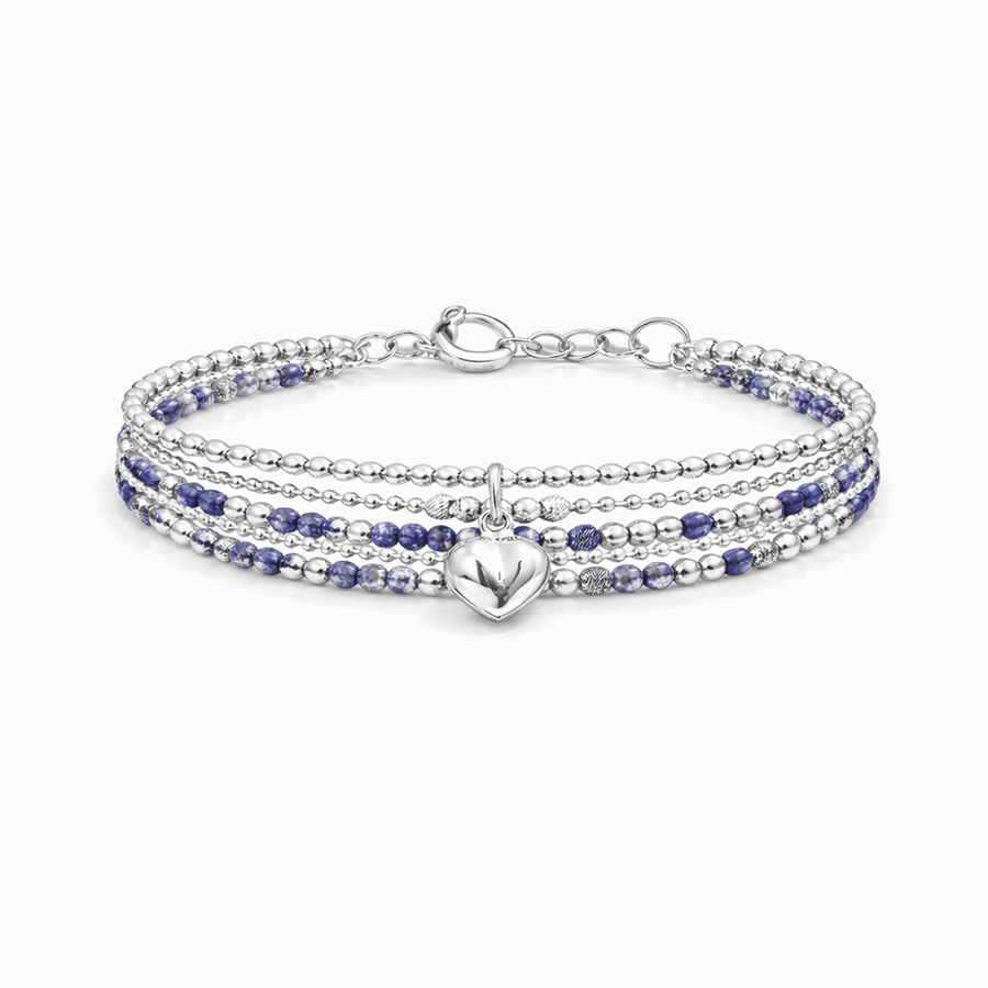 Bracelet femme multi - rang BORN TO LOVE MYSELF – perles de cordiérite facettées, pendentif cœur bombé miroir et chaîne boules argent 925 – bijoux fait main en argent 925 | Pitch & Néo