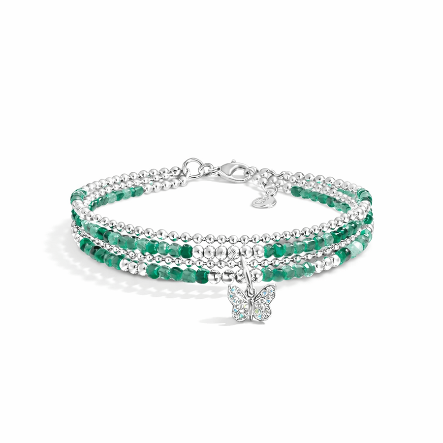 Bracelet femme multi - rang BUTTERFLY, BUT MAKE IT RICH – perles d’émeraude, pendentif papillon pavé et argent 925 – bijoux fait main en argent 925 | Pitch & Néo