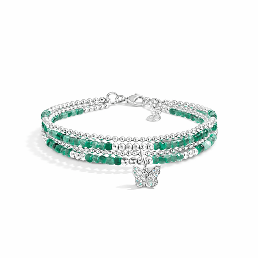 Bracelet femme multi - rang BUTTERFLY, BUT MAKE IT RICH – perles d’émeraude, pendentif papillon pavé et argent 925 – bijoux fait main en argent 925 | Pitch & Néo